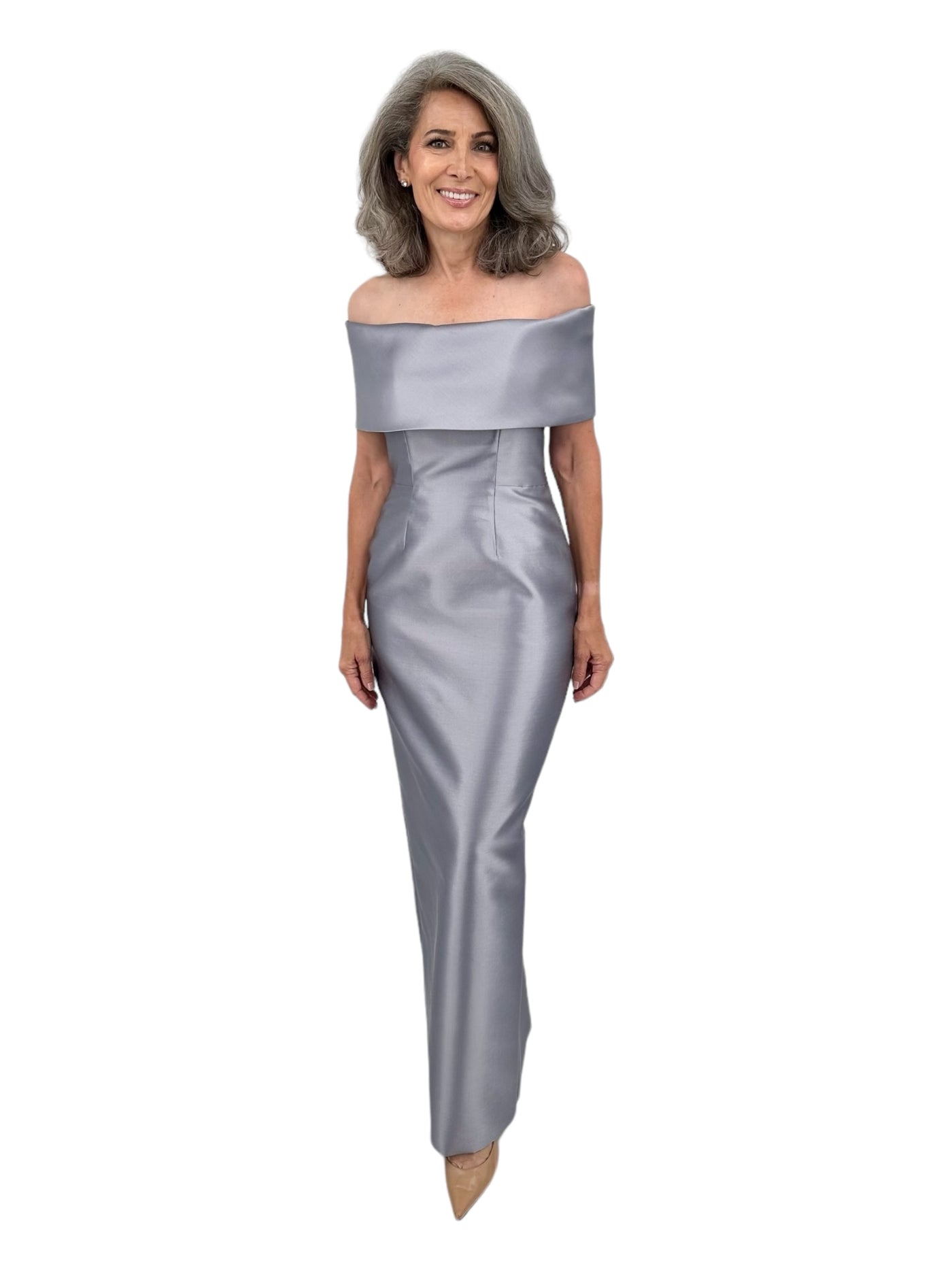 Off Shoulder Roll Collar Gown w/ Plain Hem in in Platinum – Carl Meyers Off Shoulder Roll Collar Gown w/ Plain Hem in in Platinum – Carl Meyers