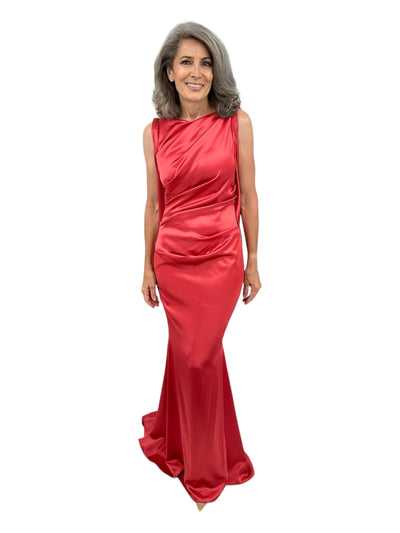 Shiny Matte Crepe Satin Drape Back Gown in Siena