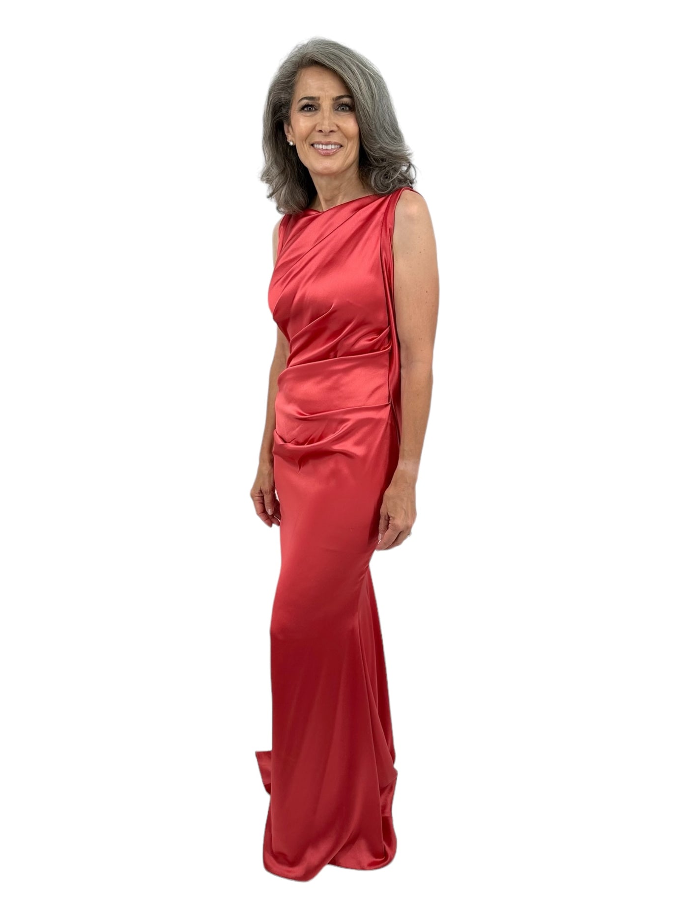 Shiny Matte Crepe Satin Drape Back Gown in Siena