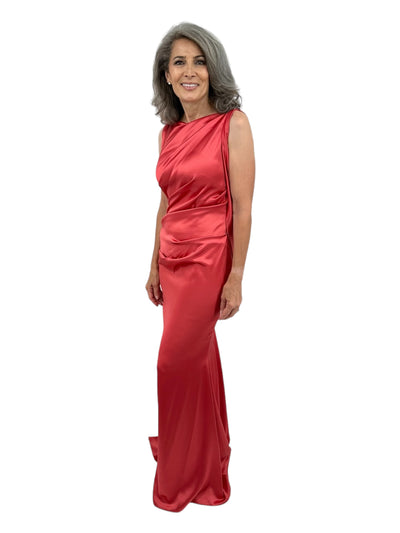 Shiny Matte Crepe Satin Drape Back Gown in Siena
