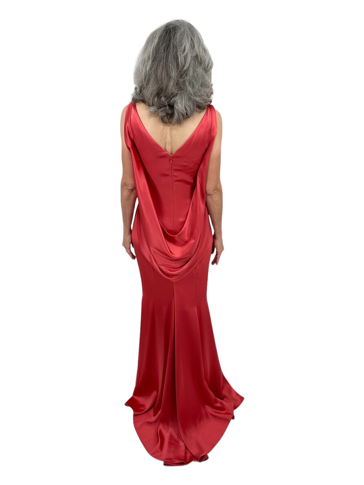 Shiny Matte Crepe Satin Drape Back Gown in Siena