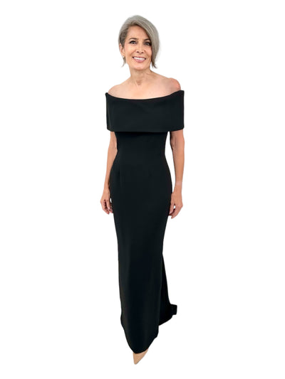Off The Shoulder Crepe Roll Collar Gown in Black