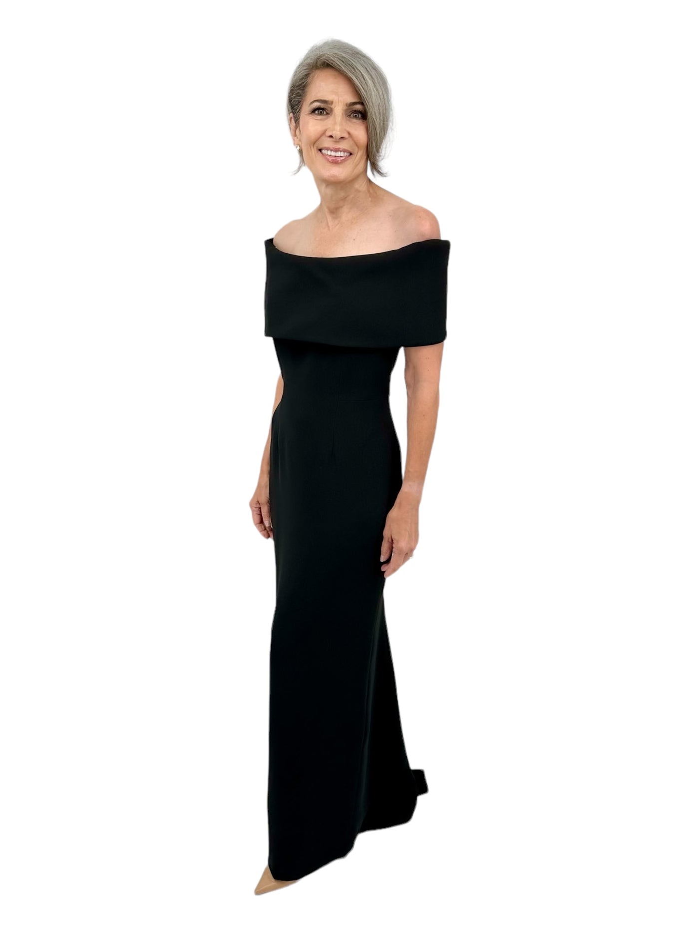 Off The Shoulder Crepe Roll Collar Gown in Black