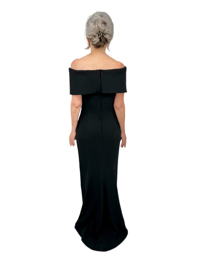 Off The Shoulder Crepe Roll Collar Gown in Black