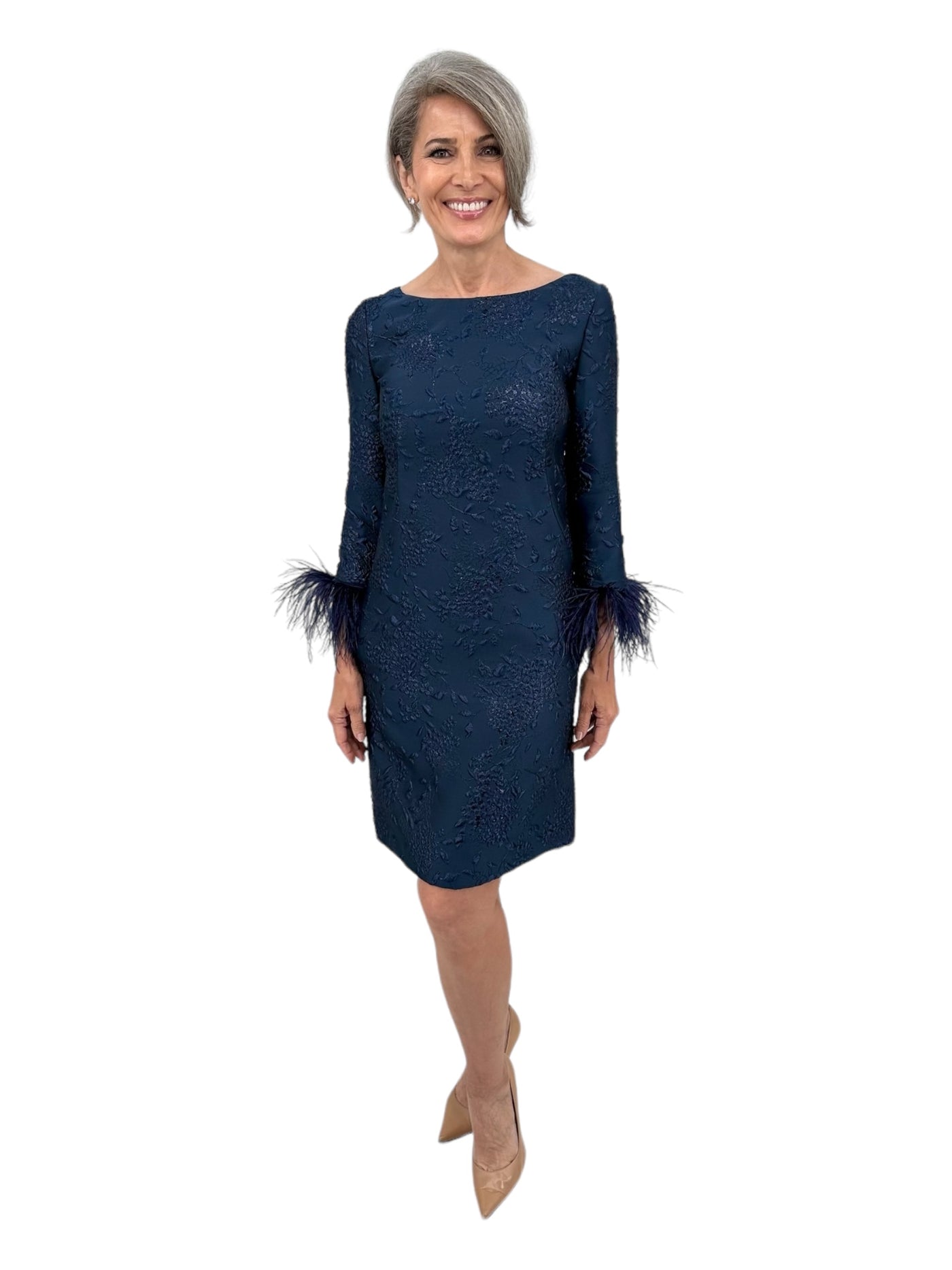 Embellished Feather Cuff Dress in Navy