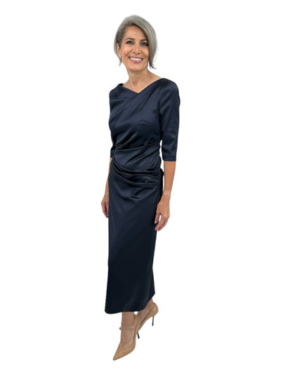 3/4 Sleeve Satin Duchesse Midi Dress in Navy