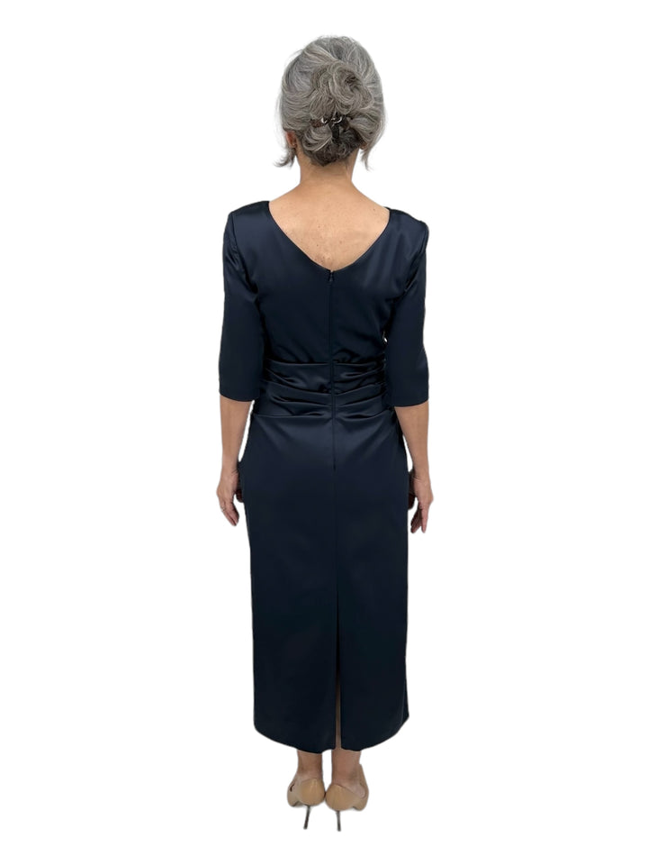3/4 Sleeve Satin Duchesse Midi Dress in Navy Carl Meyers 3/4 Sleeve Satin Duchesse Midi Dress in Navy Carl Meyers