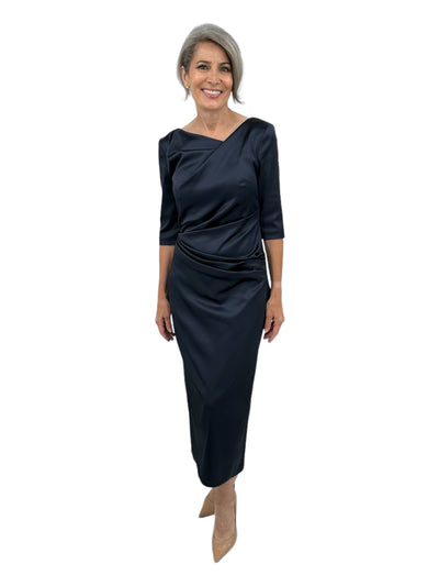 3/4 Sleeve Satin Duchesse Midi Dress in Navy
