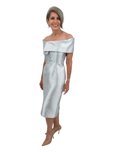 Asymmetrical Off The Shoulder Midi Dress in Silver