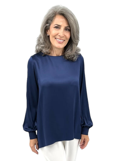 Satin Tunic W/ Contrast Silk Cuffs in Marine
