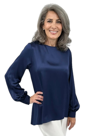 Satin Tunic W/ Contrast Silk Cuffs in Marine