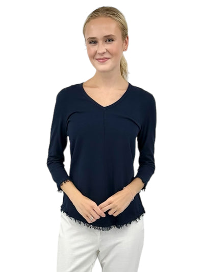 V-Neck Fringe Hem Sweater in Navy