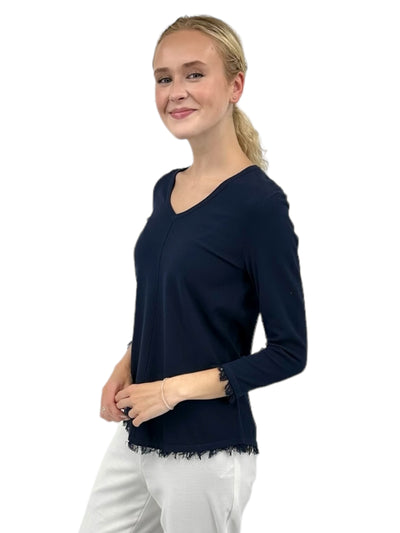 V-Neck Fringe Hem Sweater in Navy