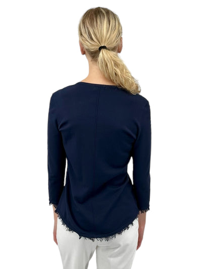 V-Neck Fringe Hem Sweater in Navy