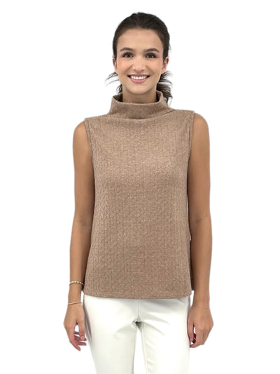 Sleeveless T-Neck Cable Knit Top in Taupe