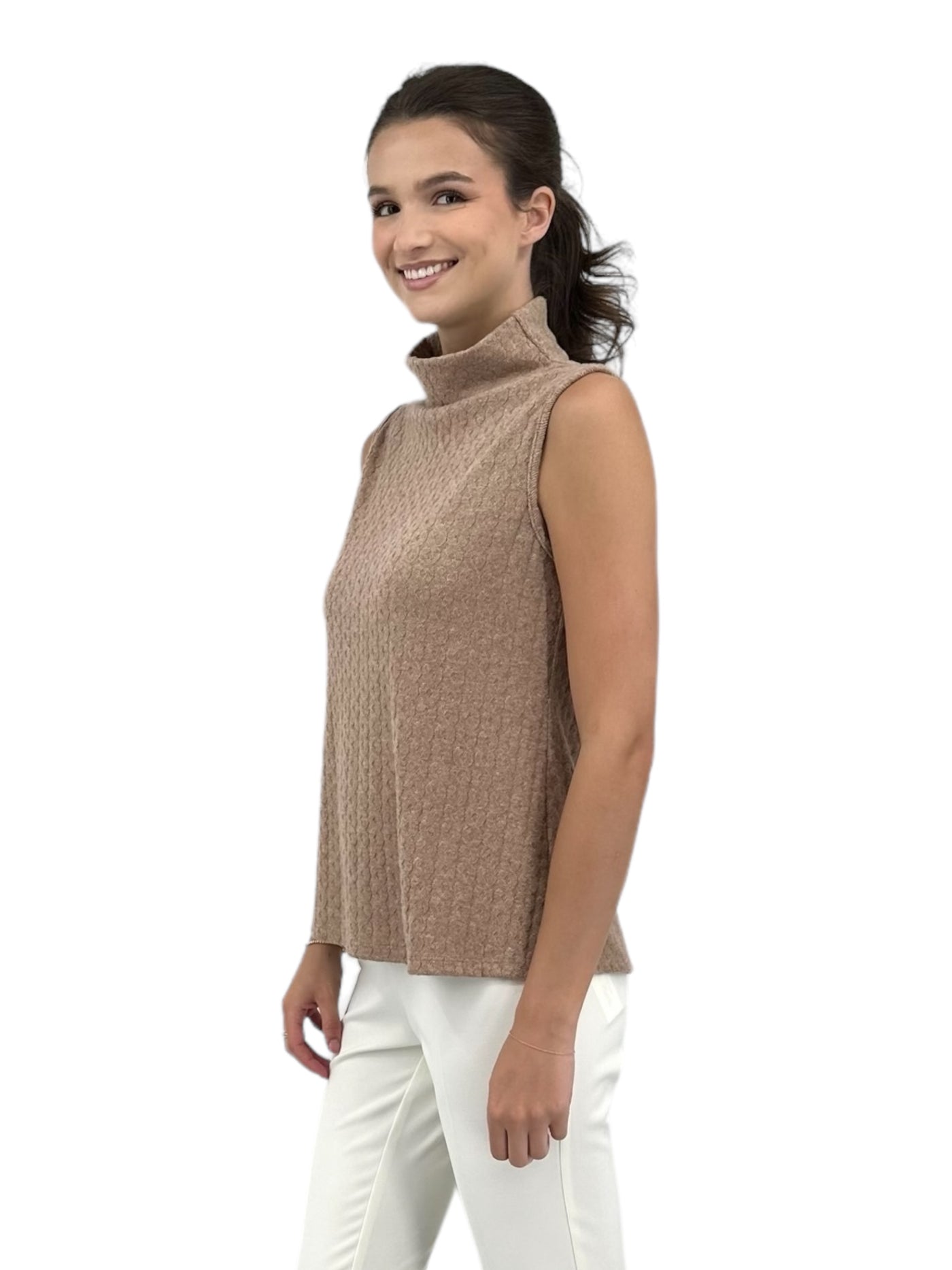Sleeveless T-Neck Cable Knit Top in Taupe