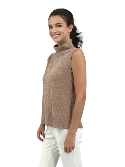 Sleeveless T-Neck Cable Knit Top in Taupe