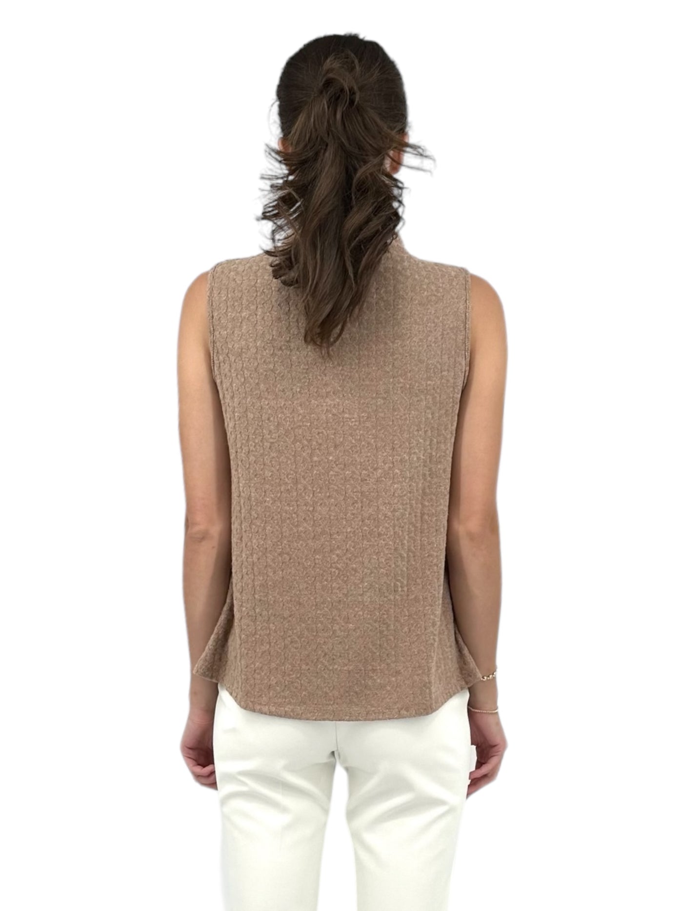 Sleeveless T-Neck Cable Knit Top in Taupe