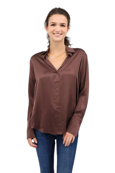 Daria French Cuff Silk Blouse in Coffee