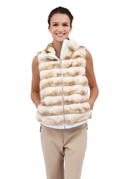 Genuine Fox Fur Reversible Down Vest in Ivory Stripe