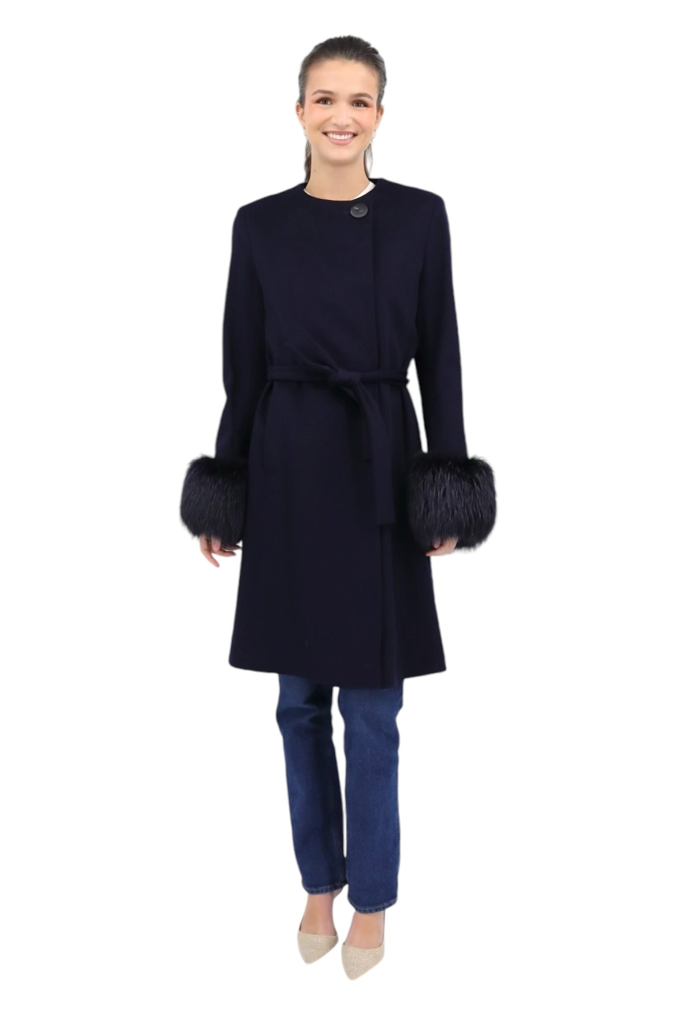 No Collar Coat with Fox Cuffs in Midnight