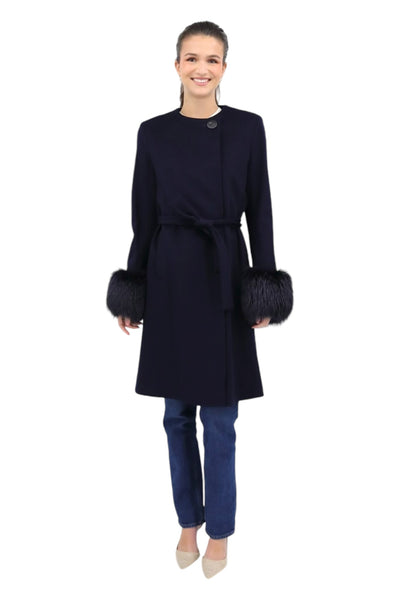 No Collar Coat with Fox Cuffs in Midnight