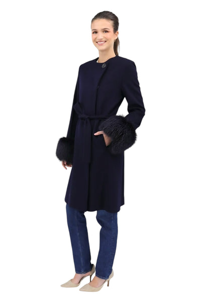 No Collar Coat with Fox Cuffs in Midnight