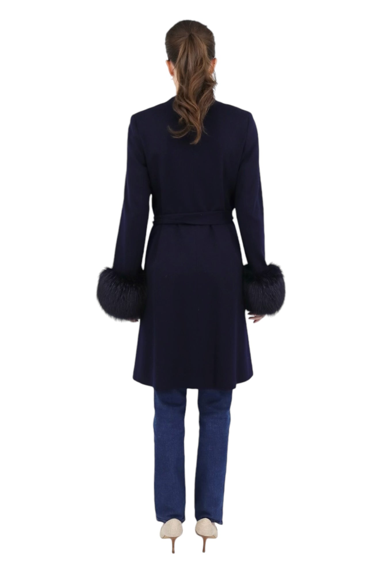 No Collar Coat with Fox Cuffs in Midnight