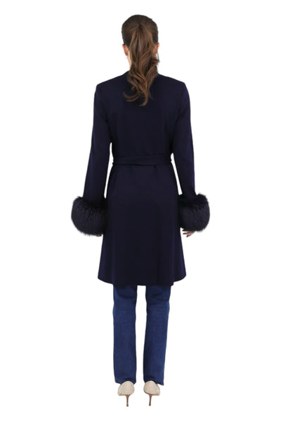 No Collar Coat with Fox Cuffs in Midnight