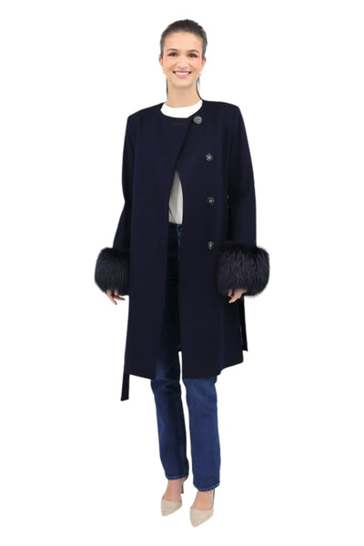 No Collar Coat with Fox Cuffs in Midnight