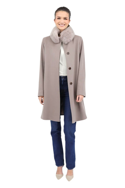 Wool Coat With Fox Collar in Shitake