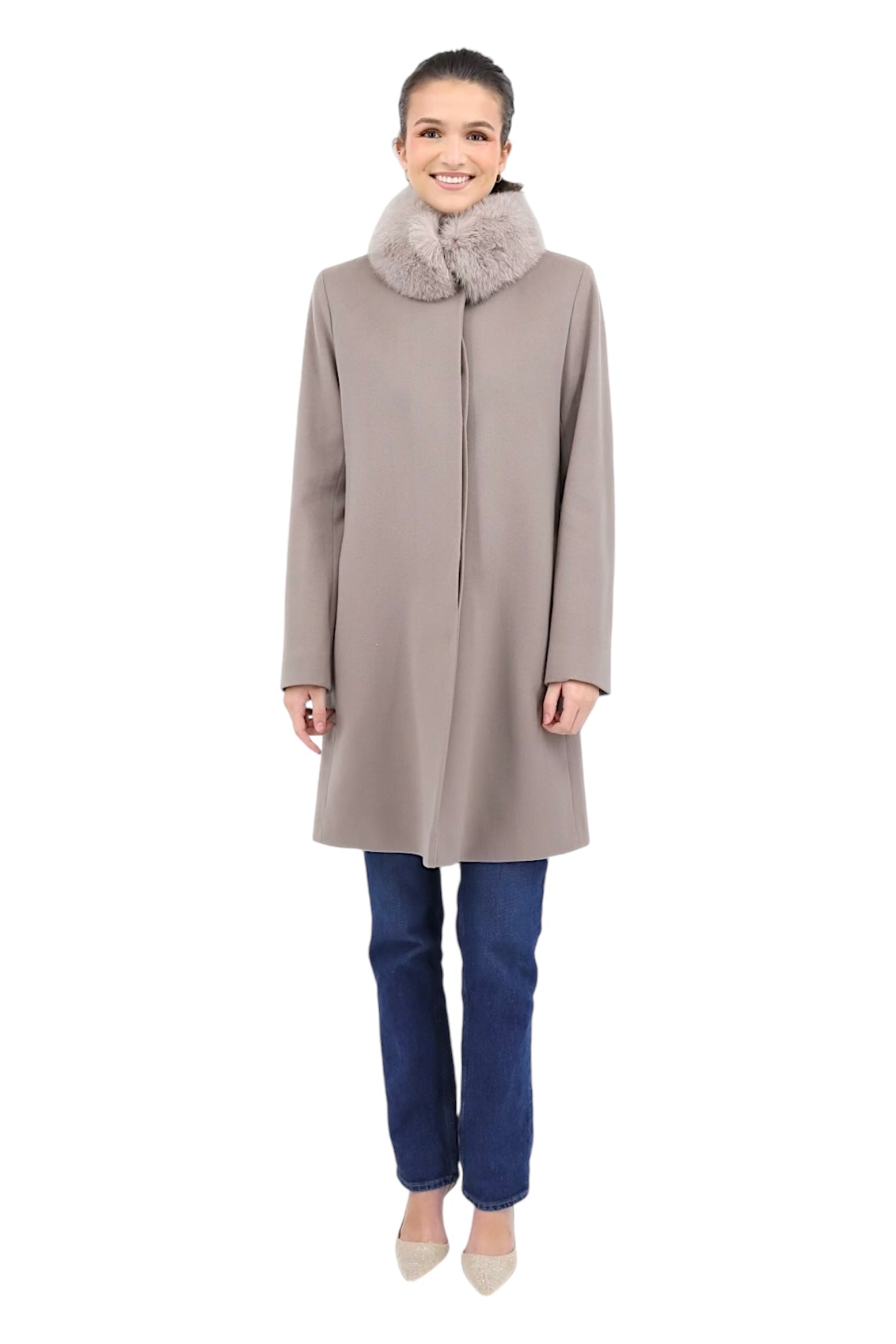 Wool Coat With Fox Collar in Shitake