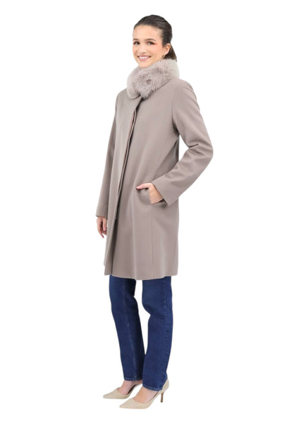 Wool Coat With Fox Collar in Shitake