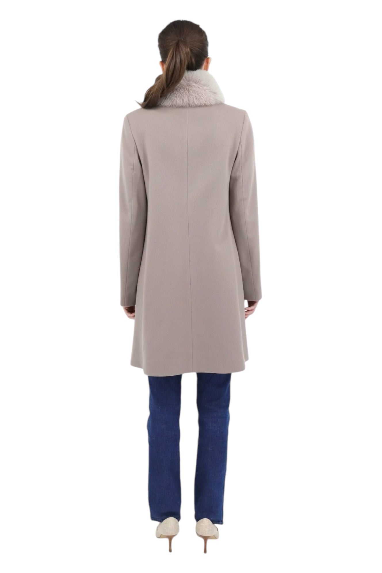 Wool Coat With Fox Collar in Shitake