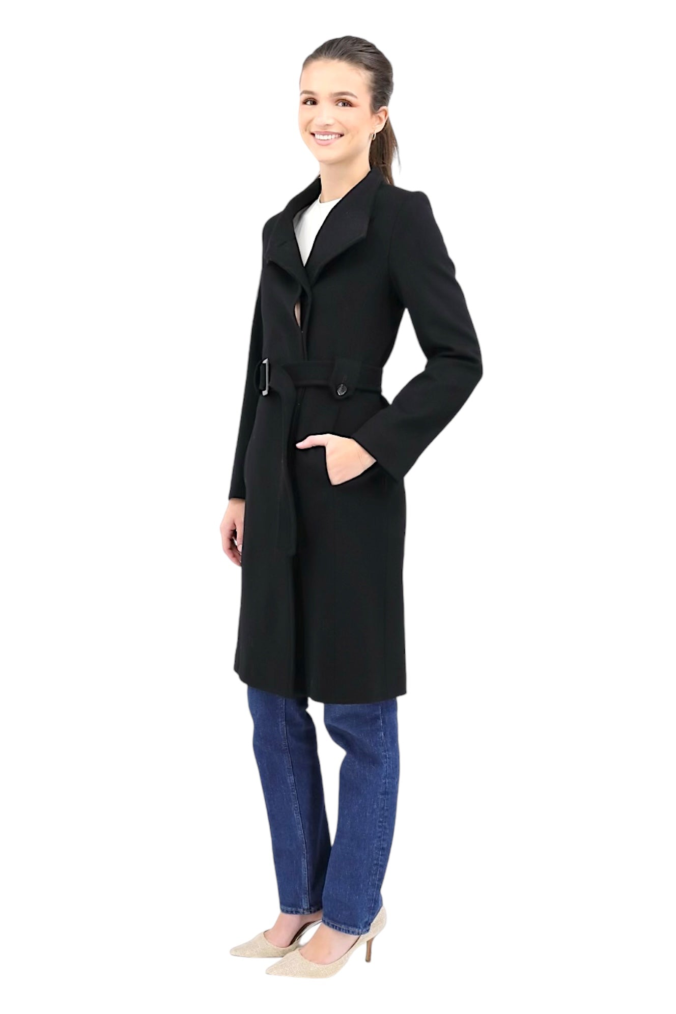100% Wool Placket Front Coat in Black