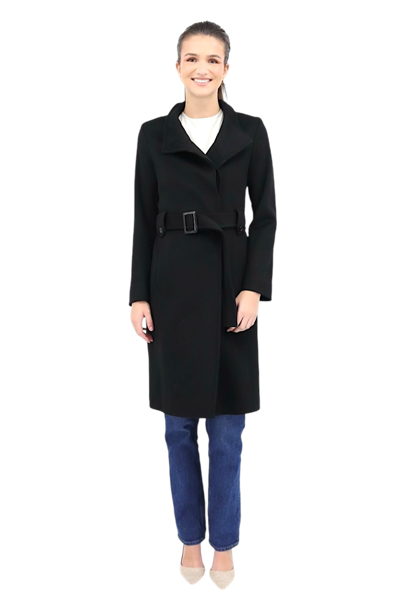 100% Wool Placket Front Coat in Black