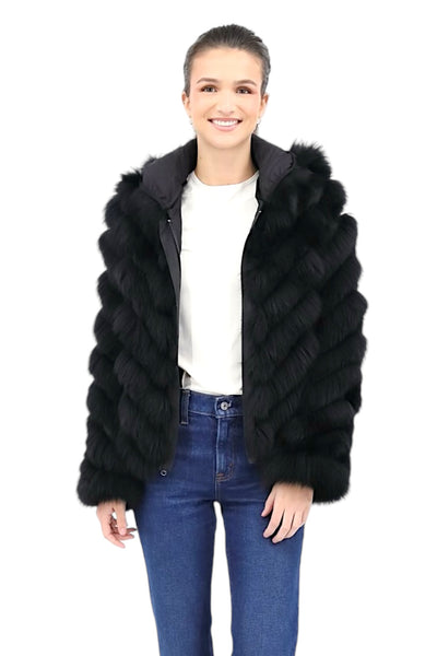 Reversible Blue Fox Fur Hooded Bomber in Black