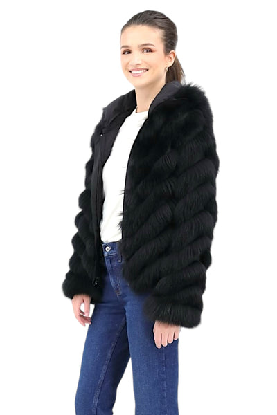 Reversible Blue Fox Fur Hooded Bomber in Black