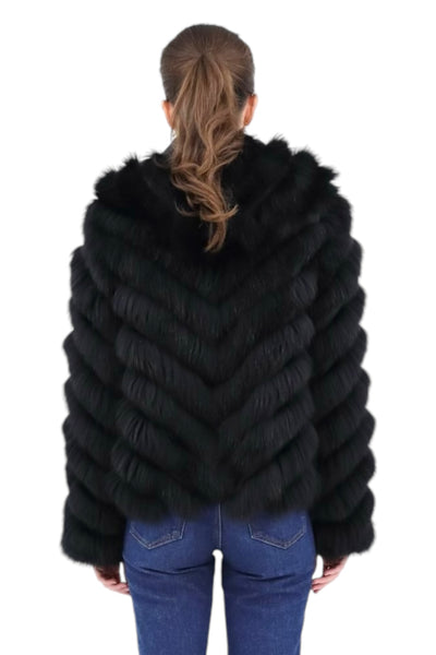 Reversible Blue Fox Fur Hooded Bomber in Black