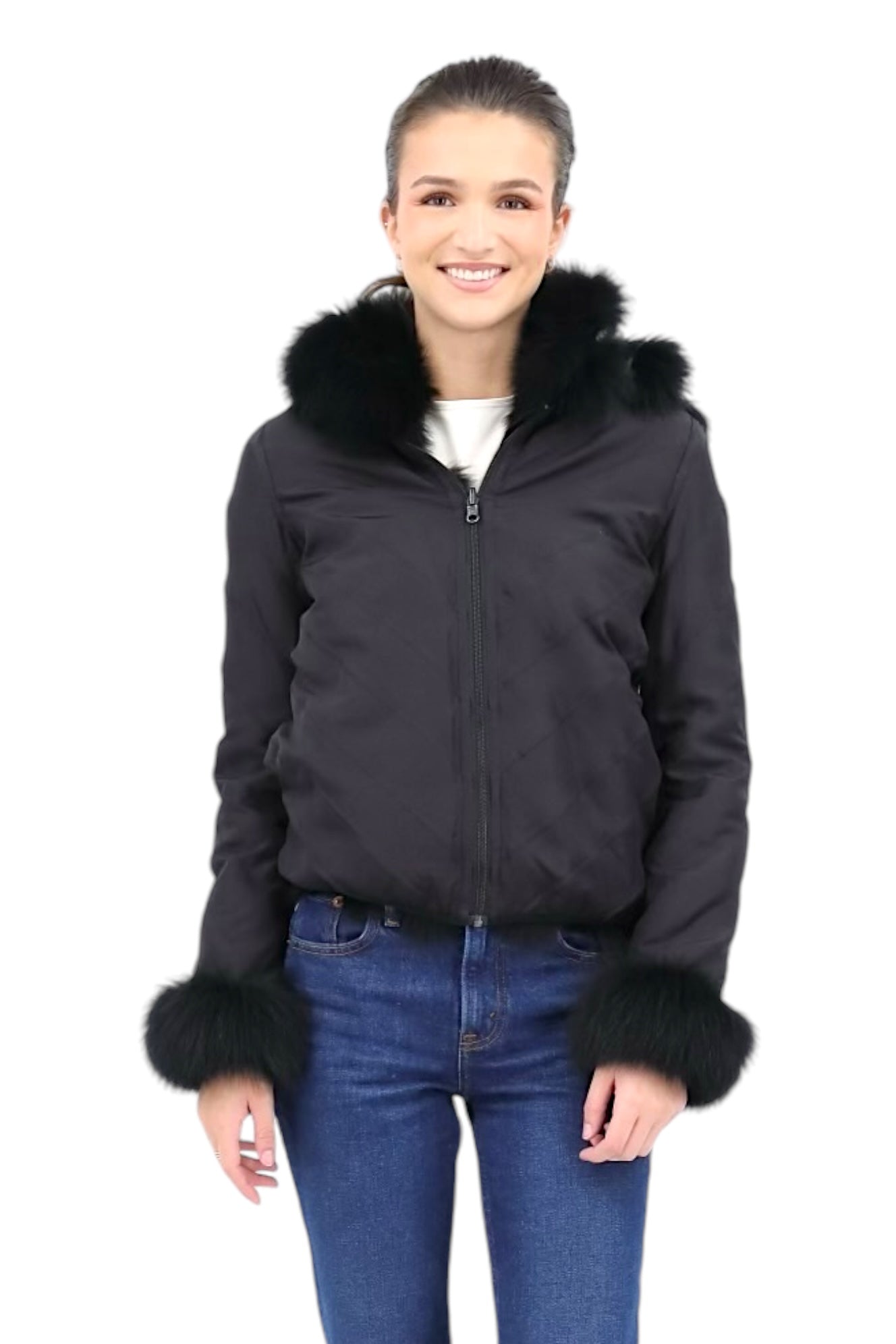 Reversible Blue Fox Fur Hooded Bomber in Black