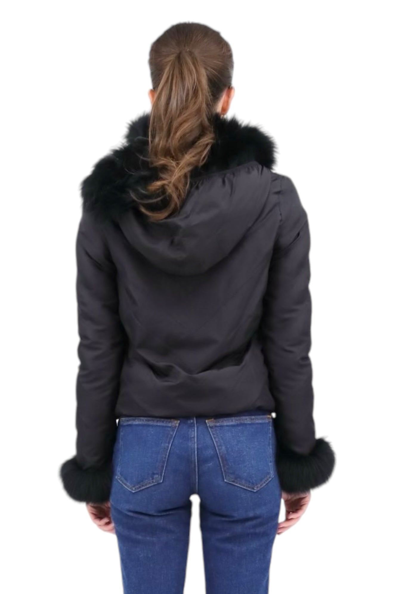 Reversible Blue Fox Fur Hooded Bomber in Black