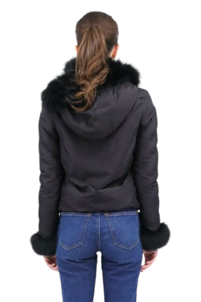 Reversible Blue Fox Fur Hooded Bomber in Black