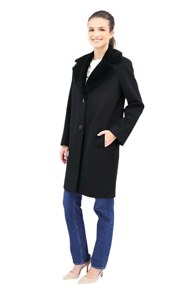 2 Button Notch Coat with Shearling Collar in Black