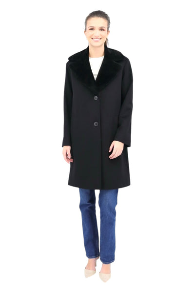 2 Button Notch Coat with Shearling Collar in Black