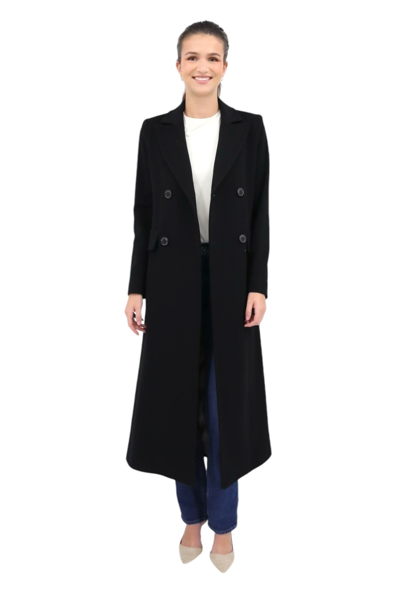 Long 100% Wool Coat in Black