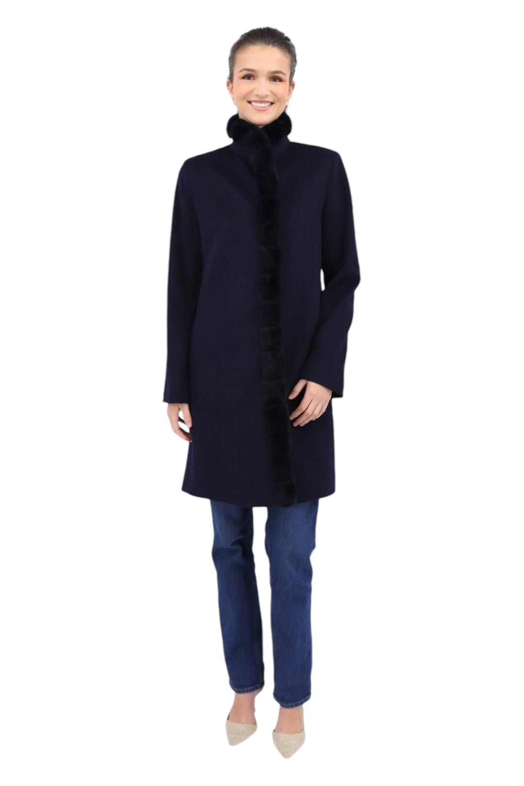 100% Loro Piana Wool Coat W/ Dyed Rex Rabbit Trim in Midnight