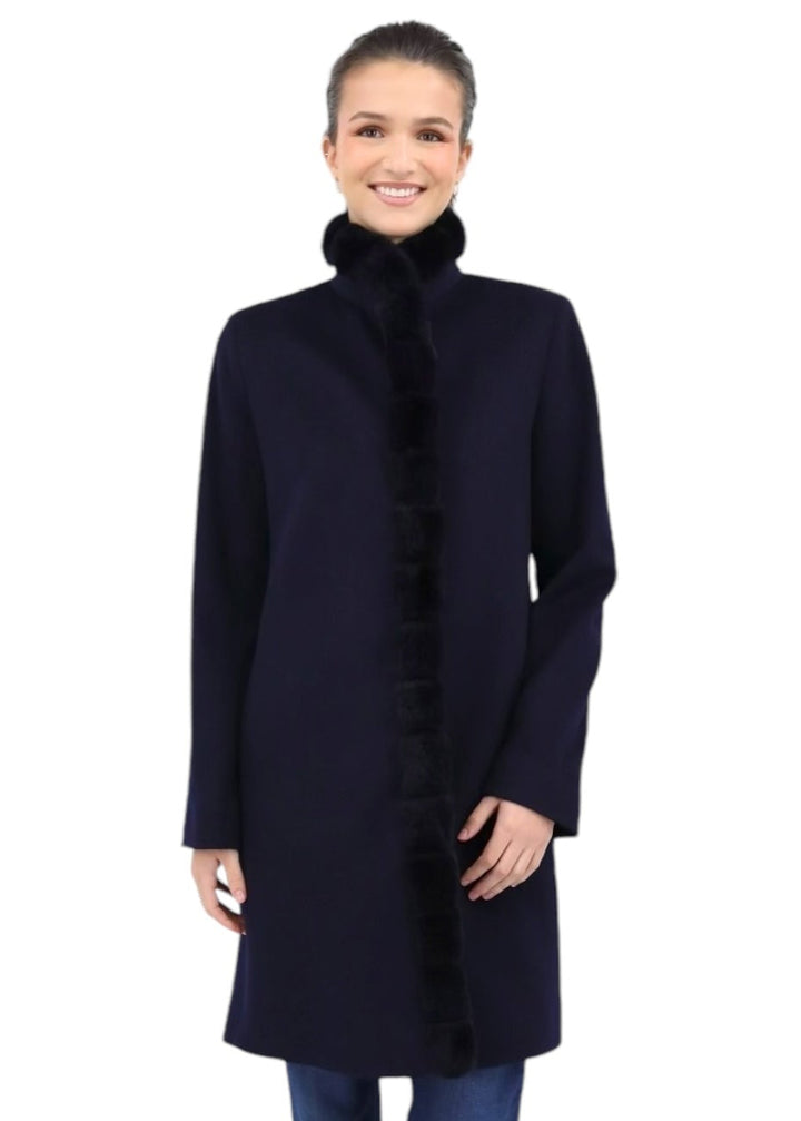 100% Loro Piana Wool Coat W/ Dyed Rex Rabbit Trim in Midnight