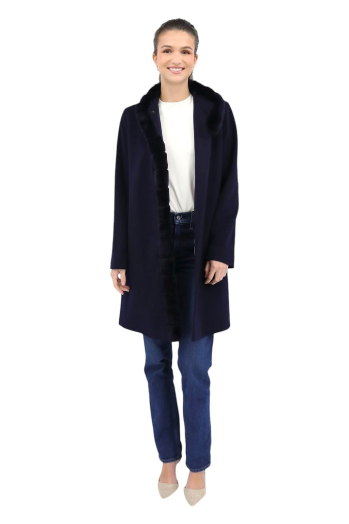 100% Loro Piana Wool Coat W/ Dyed Rex Rabbit Trim in Midnight
