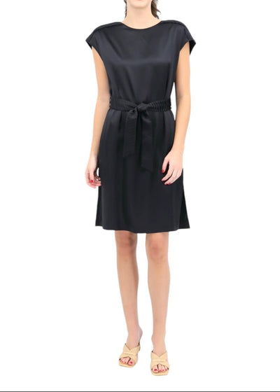 Silk Dress w/ Pleated Shoulder Detail in Black