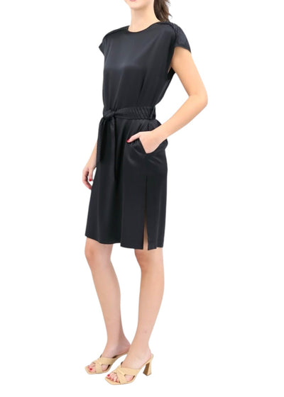 Silk Dress w/ Pleated Shoulder Detail in Black